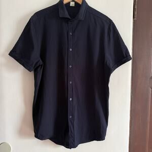 SWET TAILOR | Black Polished Shirt Stretch Button Down Short Sleeve Shirt | XXL